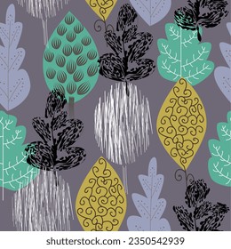 Pattern with trees, flowers and leaves. Vector graphics. print