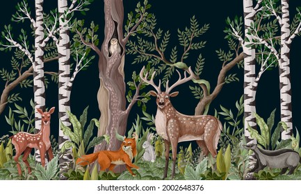 Pattern with trees and forest animals such as fox, deer and owl. Vector