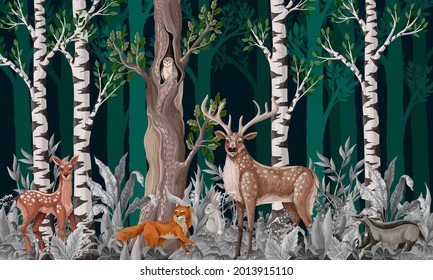 Pattern With Trees And Forest Animals Such As Fox, Deer And Owl. Vector