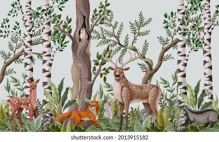 Pattern with trees and forest animals such as fox, deer and owl. Vector