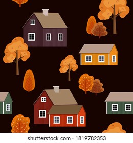 Pattern with trees and houses. autumn landscape. Vector autumn background.