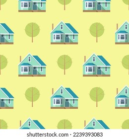 Patrón de árboles y casas sobre un fondo amarillo en estilo de caricatura para impresión y diseño. Ilustración vectorial.