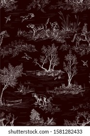 Pattern with trees, hunting dogs, birds toile de jouy style, white on black