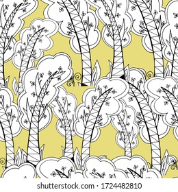 Pattern with trees. landscape trees with small details, the tree leaned over. botanical hand graphics. birch trees. Design for wallpaper, textile. stock graphics, isolate.