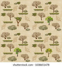 Pattern with trees and shrubs of different types and shapes on a light background. Seamless texture. Trees and shrubs with leaves and without them. Plants of forests and parks.