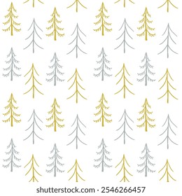 A pattern of trees with some of them being yellow and some of them being silver. The trees are drawn in a way that they look like they are standing upright