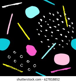 Pattern of trendy geometric elements. Retro style background. Bright brush strokes on black. Memphis card. For textile, paper, cover, banner, stationary, web pages.
