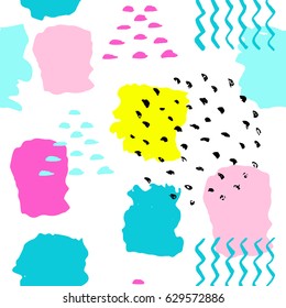 Pattern of trendy geometric elements. Retro style background. Black and colorful brush strokes. Fresh summer design. Memphis card. For textile, paper, cover, banner, stationary, web pages.