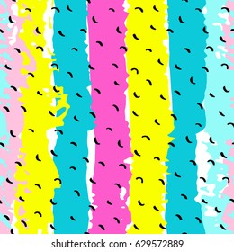 Pattern of trendy geometric elements. Retro style background. Black brush strokes on bright strips. Fresh summer design. Memphis card. For textile, paper, cover, banner, stationary, web pages.