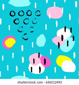 Pattern of trendy geometric elements. Retro style background. Black and colorful brush strokes. Fresh summer design. Memphis card. For textile, paper, cover, banner, stationary, web pages.