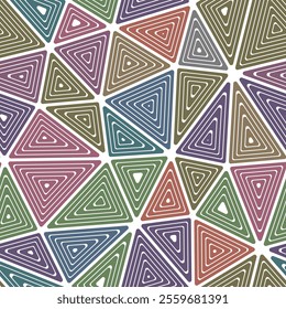 Pattern of triangle shapes. Big triangles size. Multiple repeated inner triangles. Multiple colors style. Repeatable pattern. Amazing vector tiles. Seamless vector illustration.