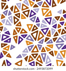 Pattern of triangle shapes. Compact triangles size. Multiple colors style. Rounded triangular cells outlined. Repeatable pattern. Bronze Lavender Blend. Amazing vector tiles.