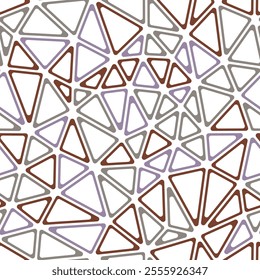 Pattern of triangle shapes. Medium triangles size. Multiple colors style. Rounded triangular cells outlined. Repeatable pattern. Earthen Neutrals. Amazing vector tiles. Seamless vector illustration.