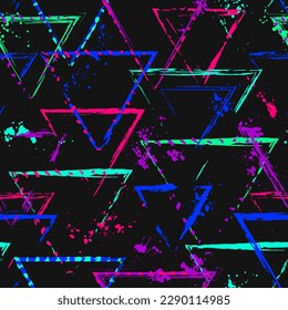 Pattern with triangles, paint brush strokes, paint splatter, smudge of neon bright colors. Virtual abstract background. Grunge style for sports goods, prints, clothing, t shirt design, vinyl wrap.