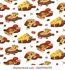 padrão de fatias de pizza triangular em uma bandeja de madeira. Ilustração em cores planas com linhas de rabiscar em uma textura sem costura. Várias coberturas. Queijo, pimenta, tomate, espinafre, cogumelos. Posições diferentes