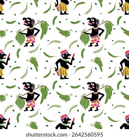 Pattern with tribal dancers and nature motifs