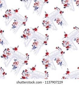 Pattern with triumphal arch with flowers. Hand drawn graphic illustration with French symbols. Vector watercolor style vintage seamless background.