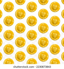Pattern of Tron coins on transparent background with mini doodle (icons) and gold color. Vector Illustration