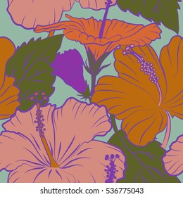 Pattern with tropic summertime motif may be used as wrapping paper texture, for textile. Vector seamless pattern of tropical flowers, multicolor hibiscus on a blue background, dense jungle. Hand drawn