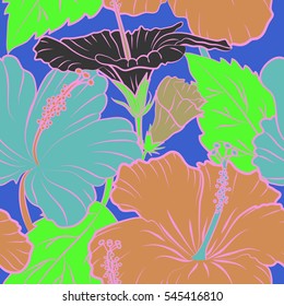 Pattern with tropic summertime motif may be used as fabric texture for textile design. Vector seamless pattern of tropical flowers, multicolor hibiscus on a blue background, dense jungle. Hand drawn.
