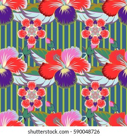 Pattern with tropic summertime motif may be used as background texture, wrapping paper or textile design. Vector seamless illustration of tropical flowers. Multicolor hand painted.