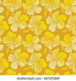 Pattern with tropic summertime motif may be used as texture, wrapping paper or textile design. Vector seamless pattern of tropical flowers, hibiscus on a yellow background, dense jungle. Hand painted.