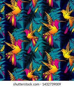 Pattern of tropical animals and leaves. Symbol of summer holidays in faraway countries. Suitable for fabric, wrapping paper and the like. Vector illustration