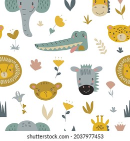 pattern with tropical animals and plants. Vector illustration on white background.