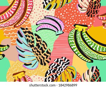 pattern of a tropical artwork, with multicolored hand drawn elements and funny patchwork background