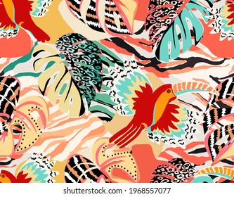 Pattern of a tropical artwork, with multicolored hand drawn elements and funny patchwork background. Monstera and Toucans pattern, perfect for fashion and decoration