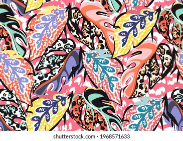 pattern of a tropical artwork, with multicolored hand drawn elements and funny background