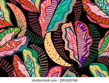 pattern of a tropical artwork, with multicolored hand drawn elements with dark background, perfect for textiles and decoration
