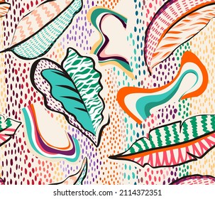 pattern of a tropical artwork, with multicolored hand drawn elements and funny patchwork background, perfect for textile and decoration