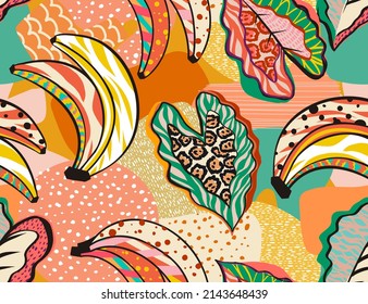 pattern of a tropical artwork, with multicolored hand drawn elements and funny patchwork background