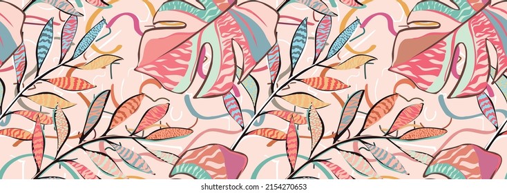 pattern of a tropical artwork, with multicolored hand drawn elements and funny minimalist background, perfect for textile and decoration