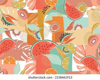 pattern of a tropical artwork, with multicolored hand drawn fruits and leaves and funny patchwork background