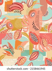 pattern of a tropical artwork, with multicolored hand drawn fruits and leaves and funny patchwork background