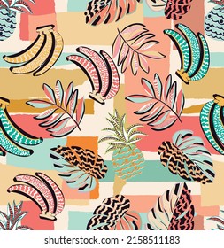 pattern of a tropical artwork, with multicolored hand drawn elements and funny patchwork background