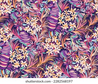 pattern of a tropical artwork, with multicolored hand drawn elements, perfect for fabrics and decoration