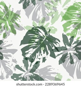 pattern of a tropical artwork, with multicolored hand drawn elements and funny minimalist background, perfect for textile and decoration  Exotic multicolored monstera leaves. Vector illustration.