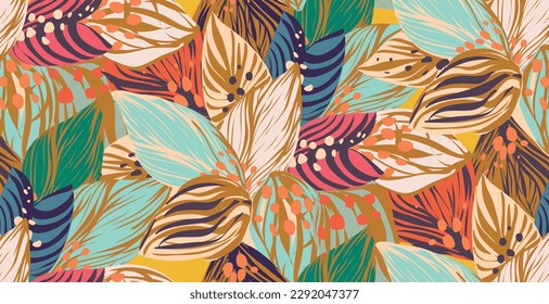 pattern of a tropical artwork, with multicolored hand drawn leaves, perfect for textiles and decoration