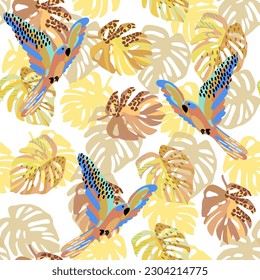pattern of a tropical artwork, with multicolored hand drawn elements, wallpaper of tropical dark green leaves of palm trees and flowers bird of paradise