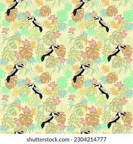 pattern of a tropical artwork, with multicolored hand drawn elements, wallpaper of tropical dark green leaves of palm trees and flowers bird of paradise