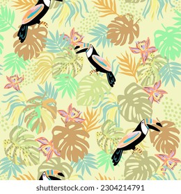 pattern of a tropical artwork, with multicolored hand drawn elements, wallpaper of tropical dark green leaves of palm trees and flowers bird of paradise