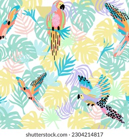 pattern of a tropical artwork, with multicolored hand drawn elements, wallpaper of tropical dark green leaves of palm trees and flowers bird of paradise
