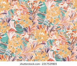 pattern of a tropical artwork, with multicolored hand drawn elements, perfect for fabrics and decoration