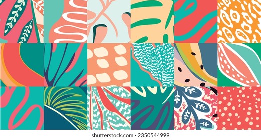 pattern of a tropical artwork, with multicolored hand drawn fruits and leaves in a funny patchwork background