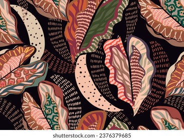 patrón de una obra de arte tropical, con elementos multicolores dibujados a mano con fondo oscuro, perfecto para textiles y decoración