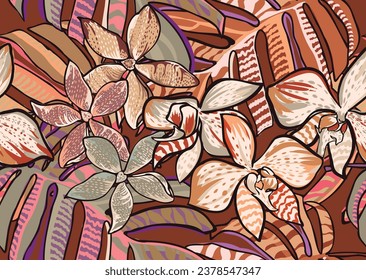 pattern of a tropical artwork, with multicolored hand drawn elements perfect for fashion and decoration