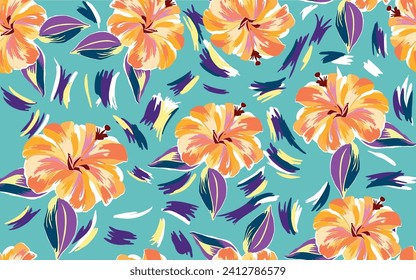 pattern of a tropical artwork, with multicolored hand drawn elements with light green background, perfect for textiles and decoration